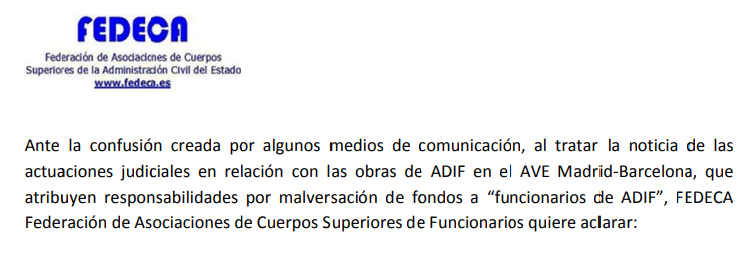 COMUNICADO FEDECA SOBRE NOTICIA DE ADIF