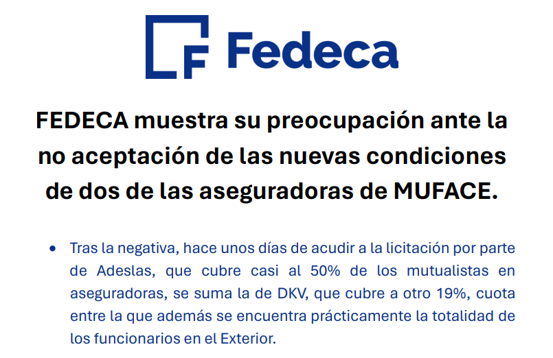 FEDECA muestra su preocupación ante la no aceptación de las nuevas condiciones de dos de las aseguradoras de MUFACE
