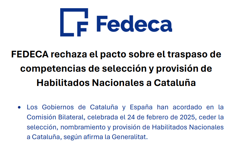 FEDECA rechaza el pacto sobre el traspaso de competencias de selección y provisión de Habilitados Nacionales a Cataluña